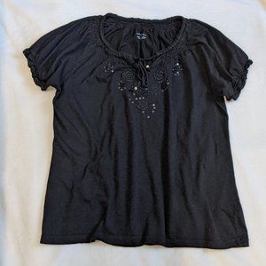 Charter Club Sz L Petite Black Embroidered Top